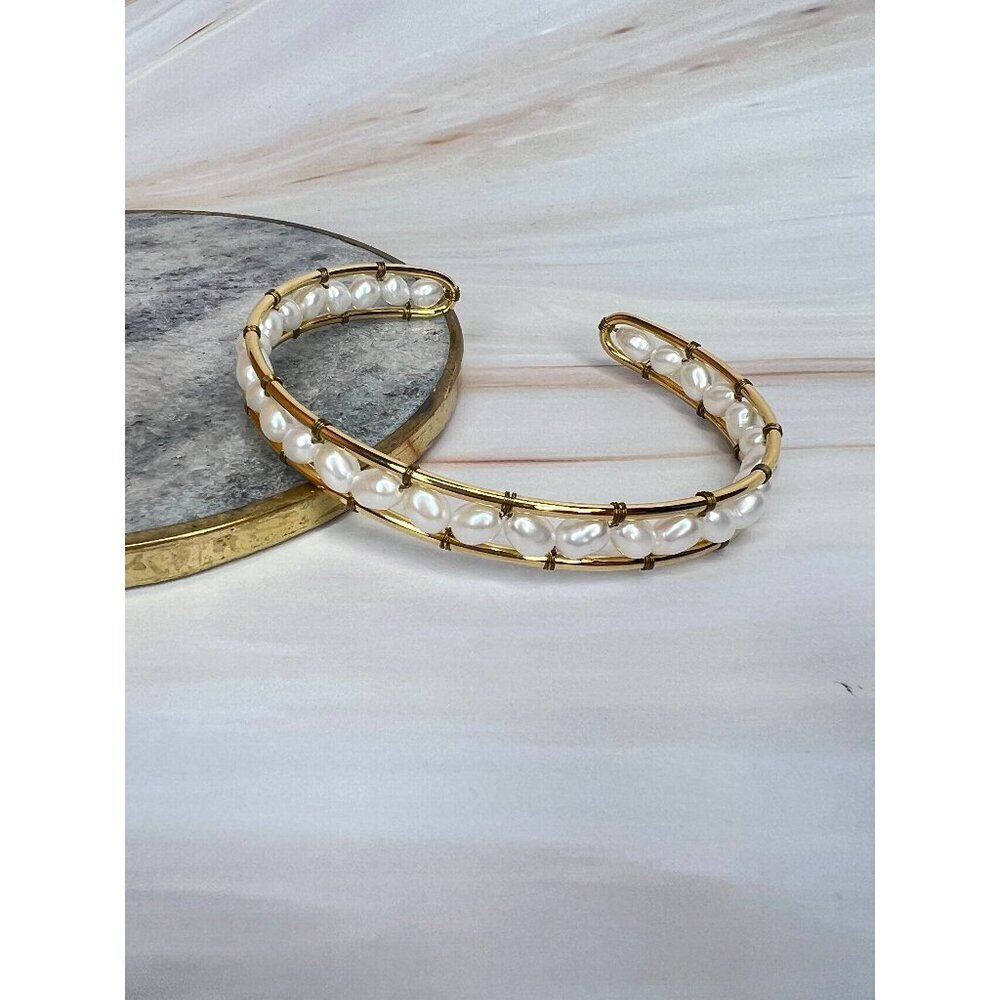 Aura Adjustable Gold-Tone Pearl Open Bangle - Stainless Steel, Hypoallergenic